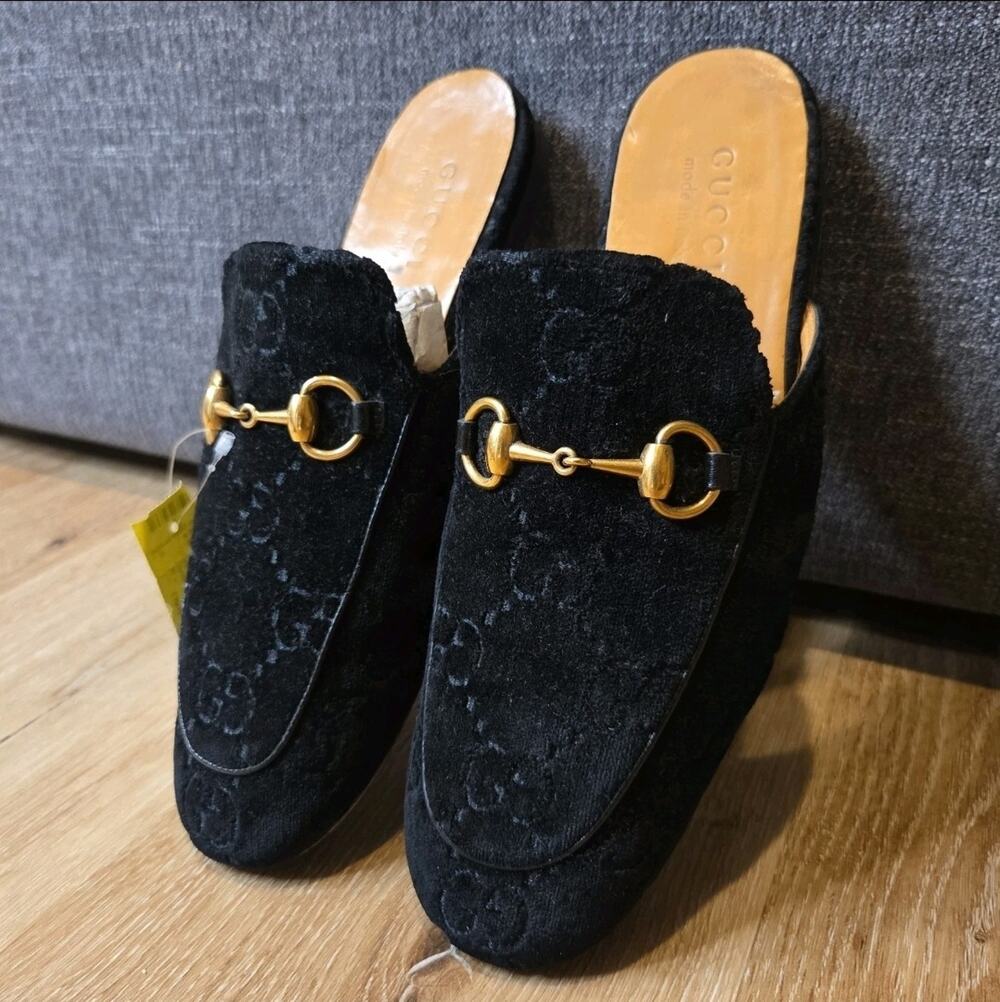Gucci Princetown Velvet Horsebit GG Black Mules Women's EU 39/US 8 Authenticated